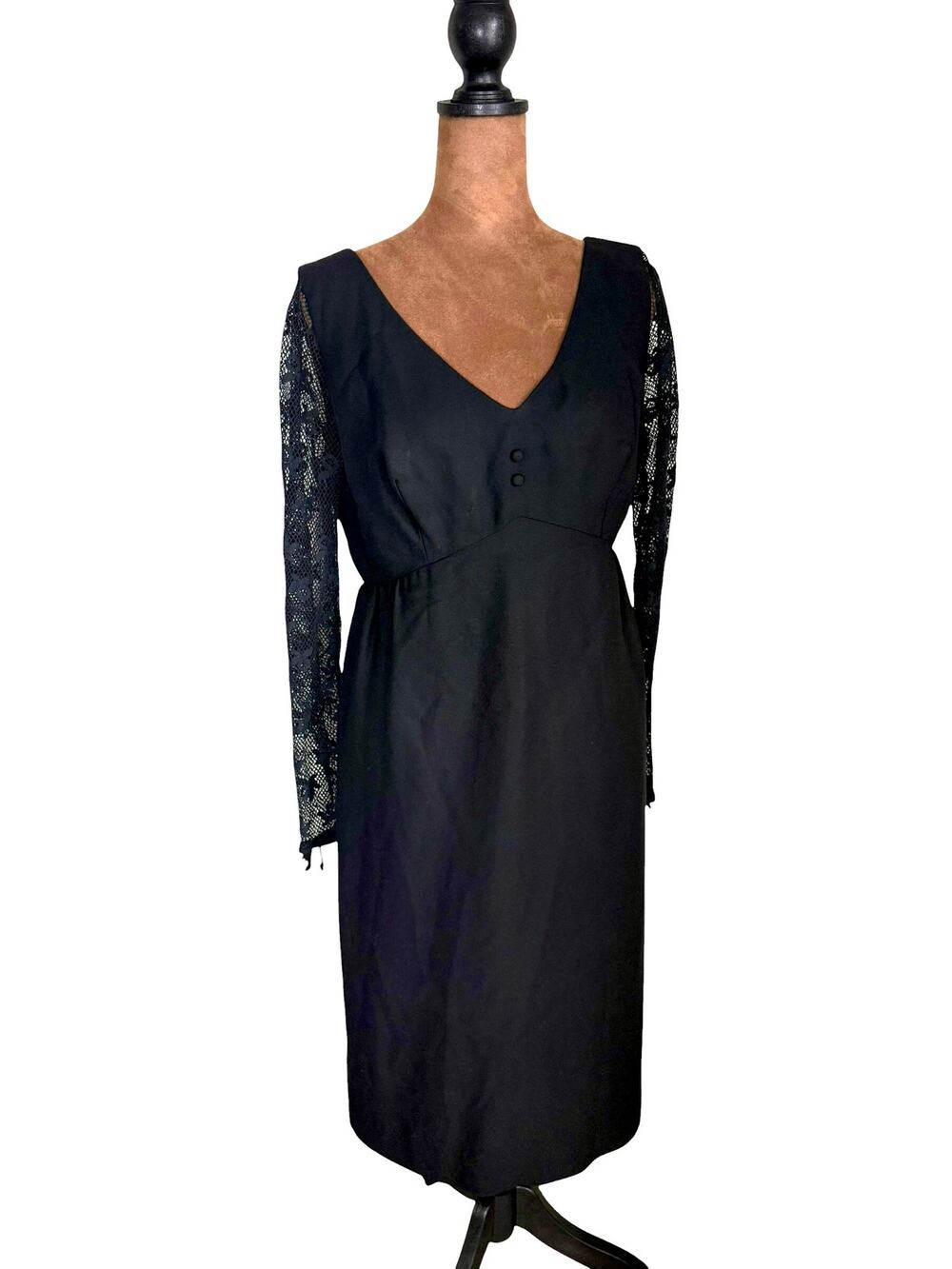 Women's Black V-Neck Long Sleeve Dress with Lace Sleeves